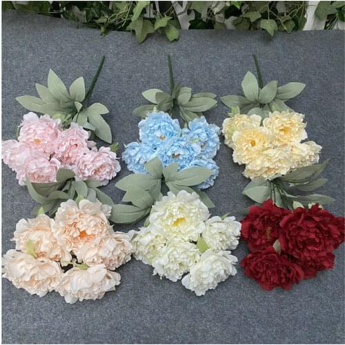 50cm Rose Pink Silk Peony Artificial Flower Bouquets 5 Headband Leaf Artificial Flowers Home Flowers Wedding Interior Decoration