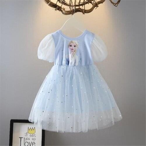 Frozen Girl Dresses Summer Mesh Princess Dress Cartoon Print Elsa Princess Cosplay Costume Party Dress Baby Girls Kids Clothes