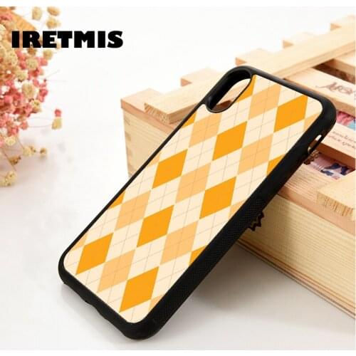 Iretmis 5 5S SE 6 6S TPU Silicone Rubber Phone Case Cover for iPhone 7 8 Plus X Xs 11 12 MINI Pro Max XR Argyle Pattern Orange
