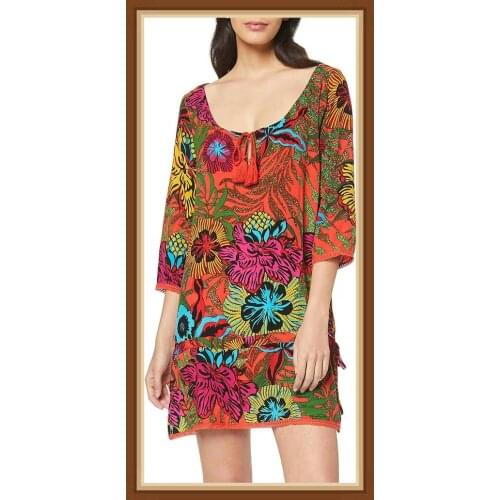 Spanish desigual womens print low round neck top dress with drawcord at neckline design medium sleeve casual chiffon shirt