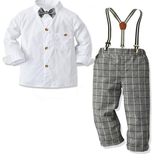 Toddler Kids Clothes Suit Long Sleeve White Shirt +Suspender Pants Infant Boys Set 4 Pieces Children Fall Formal Costume