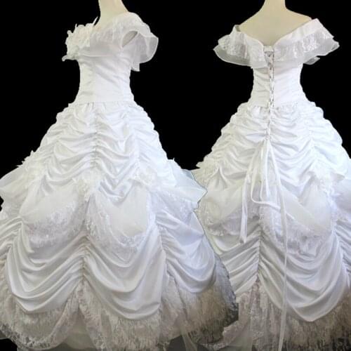 Beautiful Girl And Beast Cosplay Costume Princess Belle White Pleated Dress With Cape Halloween Wedding Party Gown