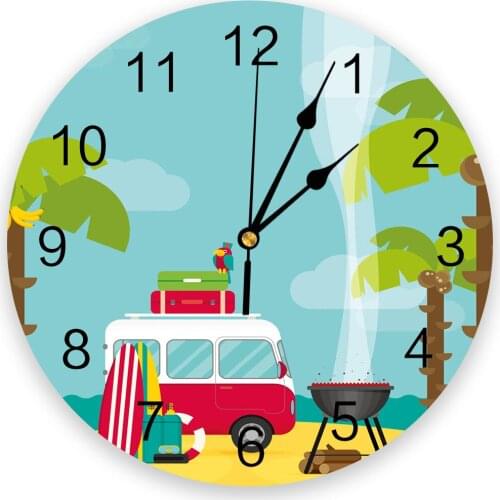 Camping Car Beach Cartoon Trees Sea Creative Wall Clock For Home Office Decoration Living Room Bedroom Kids Room Hanging Watch