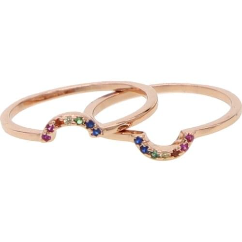 Rose gold minimalist curved cz ring eternity band for engagement multi color colorful cz women rainbow fashion finger jewelry
