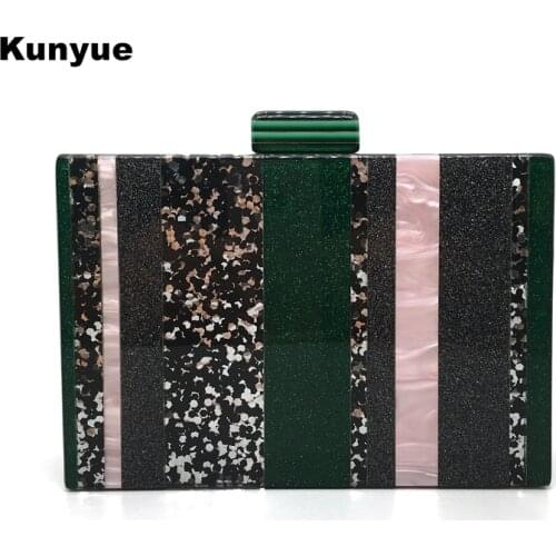 New Chic Box Bag Fashion Women Striped Handbag Trendy Print Acrylic Evening Bag Lady Party Prom Wedding Green Base Clutch Purse