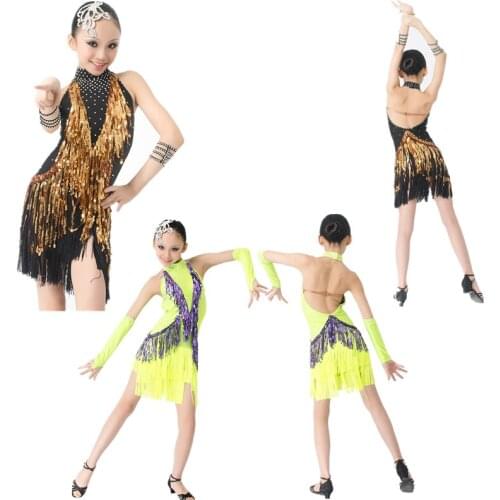 New Nice Sequins Tassels Black/Shiny Green Girls Latin Dancing Dress,Salsa/Rumba/Samba/Chacha/Ballroom Stage Competition Costume
