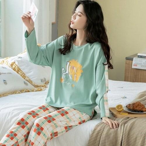 Long Sleeve Full Cotton Pajamas Sweet Soft Autumn Winter Women Pajama Sets Refreshing Green Flower Print Pijamas Nightwear Set