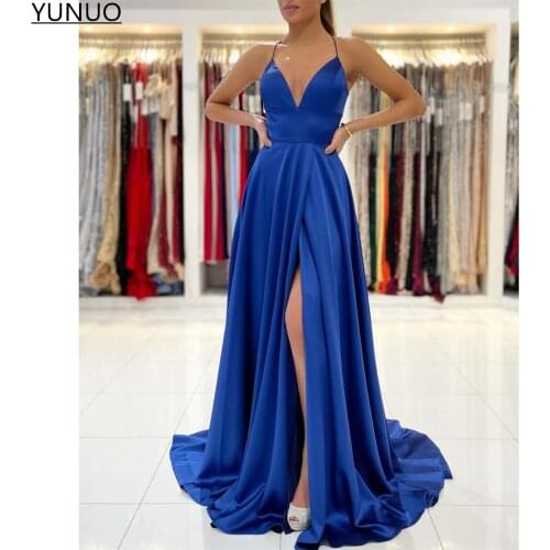 YUNUO Royal Blue Sexy Evening Dresses Long Satin Spaghetti Strap Formal Prom Dress Party Gown Backless Side Split Robe De Soiree
