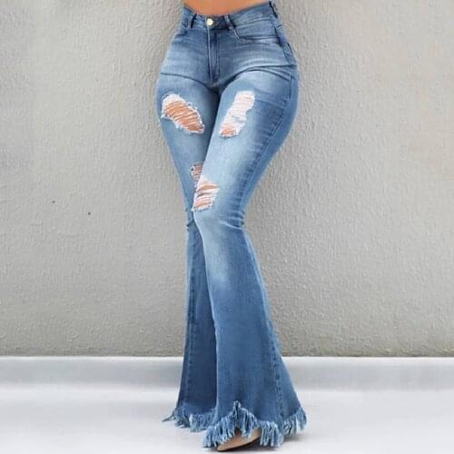 Slim fit Denim Flared Ripped Jeans for Women Ladies Grunge Push Up Trousers Bell Bottom Jeans Plus Size Free Shipping Highwaist