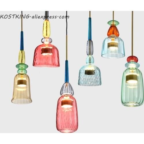 Nordic Color Candy Pendant Lights Living Room Table Bedroom Childrens Room Ins Retro Single Head Glass Lamps Hanging Fixtures