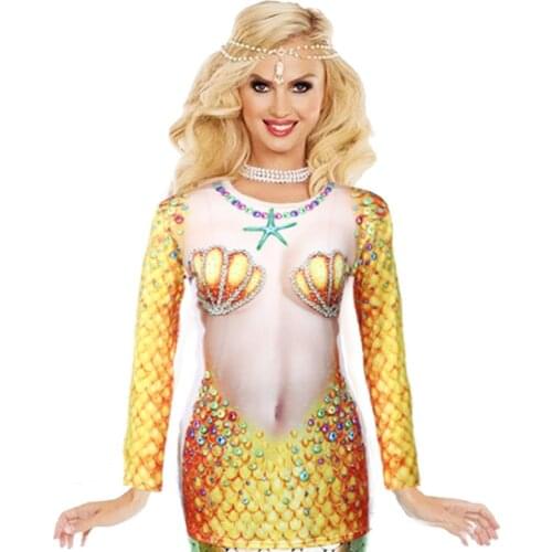 PTYGO New fashion Carnival party stage props cosplay women mermaid printed long sleeve T-shirt