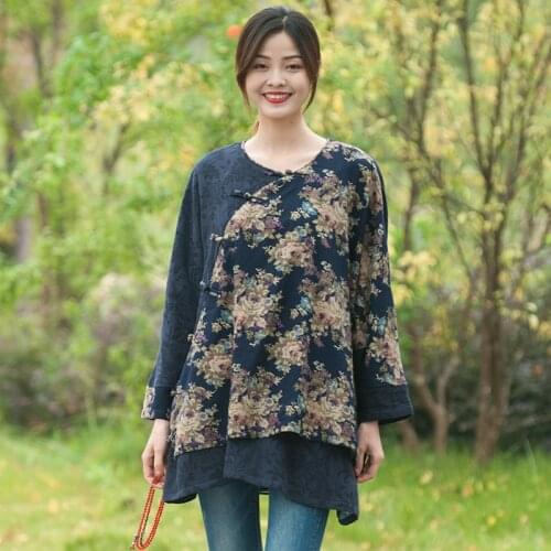 Women Autumn Cotton Linen Printed Patchwork Jackets Tops Female Retro Chinese Spring Coat Outerwear Ladies Jacquard Plus Size