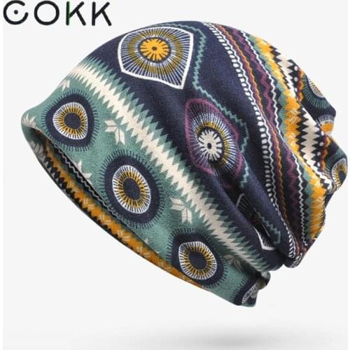 COKK Women Hat Autumn Winter Beanie Hats For Women Lady Men Vintage Bonnet Turban Hat Female Stretch Elastic Ear Protect Cotton