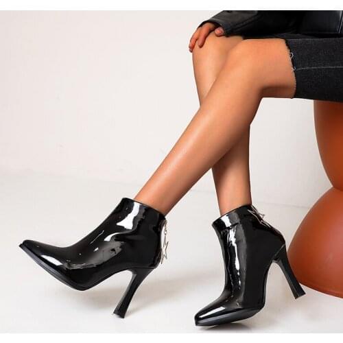 2021 Patent Leather Zipper Autumn Winter Ankle Boots Thin High Heel Fashion Sexy Pointed Toe Women Shoes Size 34-48