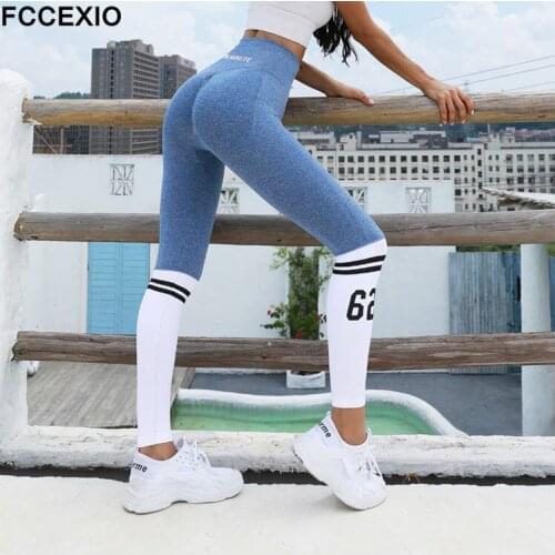FCCEXIO Sexy Tights Leggings Women Letter Pants High Waist Sportswear Squat Hip-lift Fitness Womens Sports Pants Fashion Casual
