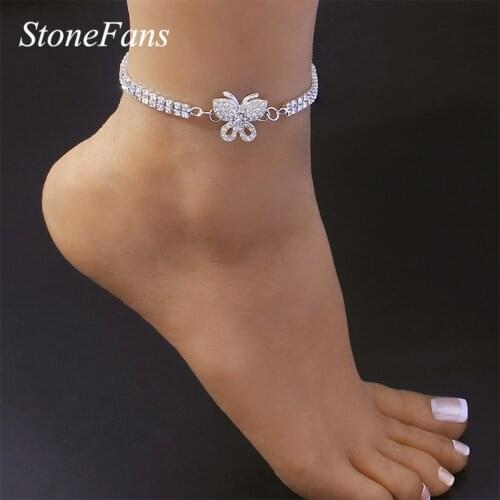 Stonefans Boho Butterfly Rhinestone Double Layer Anklet for Women Summer Beach Tennis Chain Ankle Bracelet On the Leg Jewelry