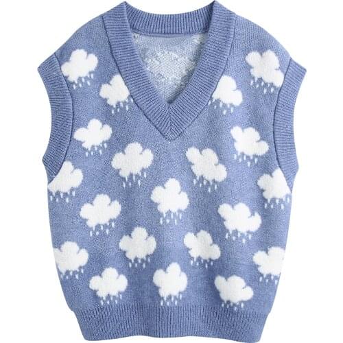 Women Jacquard Knitted Sweater Vest V-Neck Sleeveless Sweater Pullover Autumn Spring Sheep Cloud Design Thick Warm New Fashion