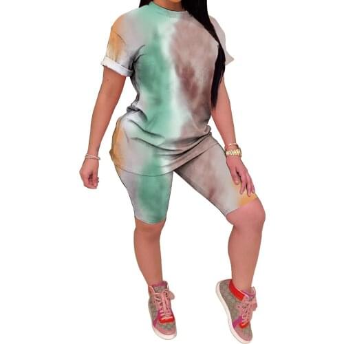 Two Piece Tie Dye Print Women Casual Set Short Sleeve O Neck Top Shorts Summer Female Fashion Loose Sleepwear Outfits