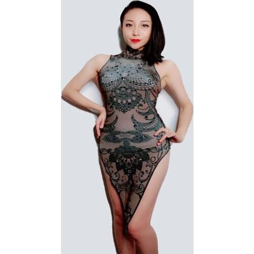 2020 Summer Womens New 3D Printing Flashing Rhinestone Sexy Dress Birthday Celebrate Prom Outfit Nightclub Singer Dancer Dress