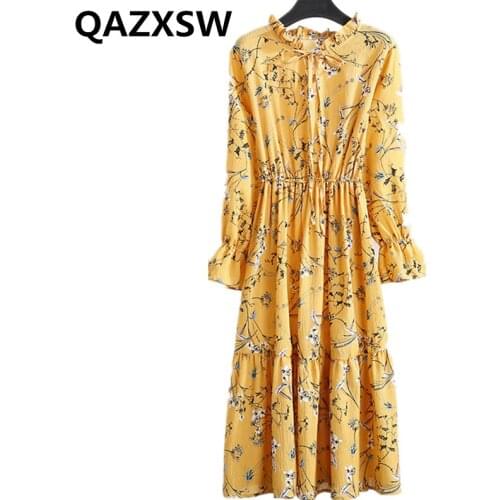 2019 New Spring Dress Europe Fashion Casual Solid Floral Long-sleeved Chiffon Dress Elastic Waist Muti-color Women Dresses ZW015