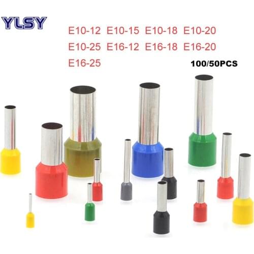 100/50Pcs Tube Insulated Cord End Crimp Terminals Electrical Wire Connector E10-12~E16-25 Cable Brass Ferrules 8-2AWG 10-16mm2