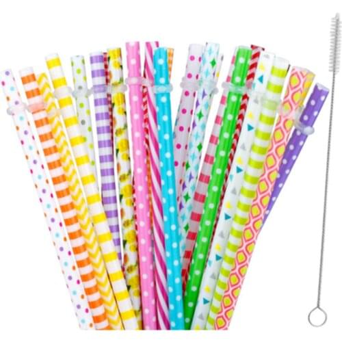 30PCS Reusable Straws BPA Free Hard Plastic Stripe Drinking Straw 9" With Brush