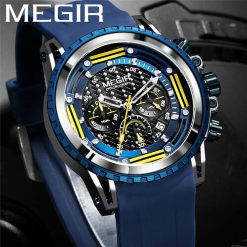 MEGIR Watch Men Waterproof Chronograph Calendar Military Male Clock Top Brand Luxury Blue Rubber Man Sport Wristwatch Gift 2143