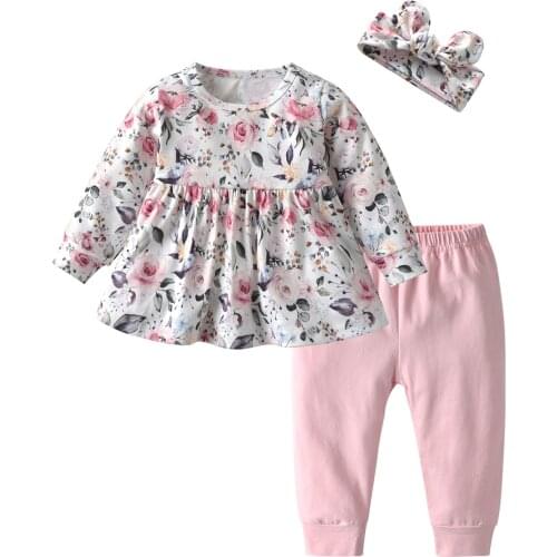 Cotton Infant Baby Clothes New Lovely Sets Long-sleeved Floral Top Elastic Pants Headband Comfy Baby Toddler Sets