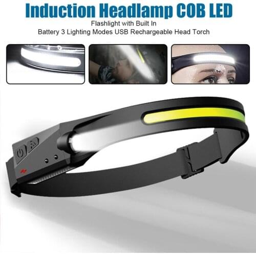 Induction Headlamp COB LED Flashlight With Built In Battery 3 Lighting Modes USB Rechargeable Head Torch