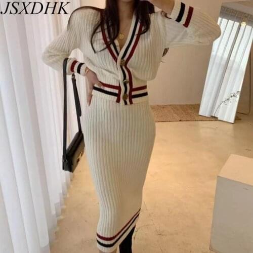 JSXDHK Korean Chic Autumn Winter V Neck Hit Color Striped Knitted Cardigan Sweater Coat + High Waist Bodycon Midi Skirts Suit