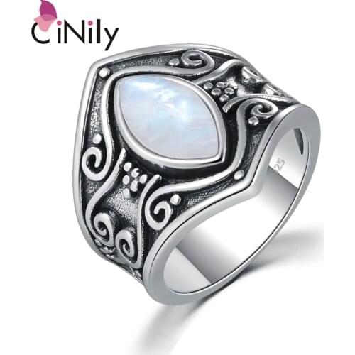 CiNily Natural Moonstone Silver Plated Ring Gothic Signet Crescent Black Rings Ethnic Tribe Vintage Bohemia Party Jewelry
