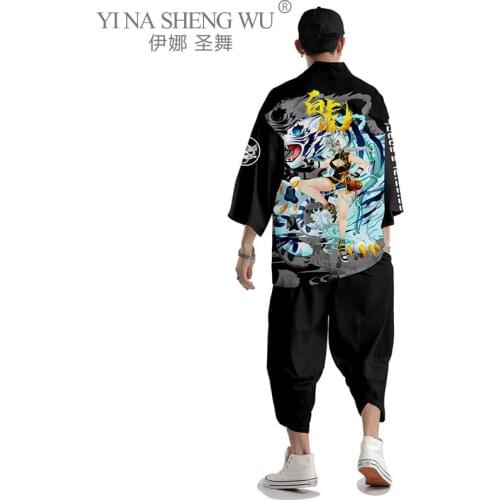 Harajuku Kimono Set Men Japanese Kimono Cardigan Anime Cosplay Blouse Japan Yukata Haori Loose Summer Beach Casual Cardigan Coat