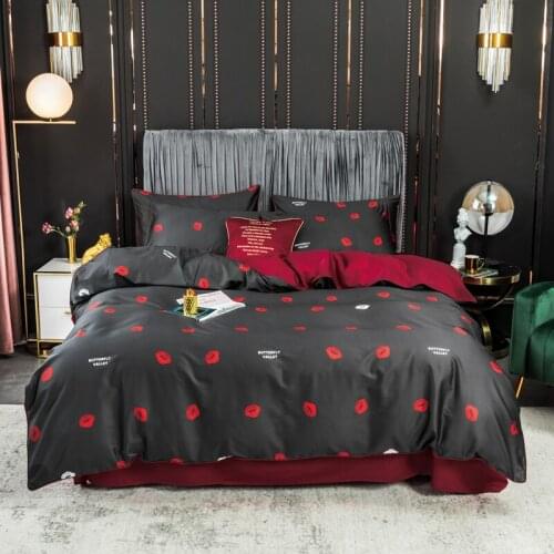 3/ 4 Pieces 100% Cotton Bedding Set Black and Red Duvet Cover Pillowcase 60s Sateen Bed Linen Lips Print Sheets Single Full King