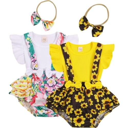 3Pcs Newborn Baby Girls Summer Outfits Ribbed Fly Sleeve Pullover T-shirt + Flower Print Suspender Shorts+ Bowknot Headband