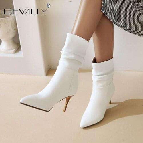 Lsewilly 2021 Pointed Toe Ankle Boots PU Leather Slip on Women Shoes Autumn Winter Thin Heel All Match Short Boots Big Size