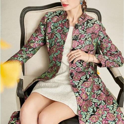 Spring Fall Fashion Women Luxury Dobby Floral Long Trench Coat , Woman Clothes Vintage Stand Collar Cardigan Duster Coats