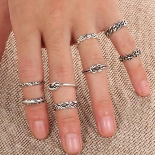Vintage Bohemian Ring Sets Knot Flower Finger Rings Crystal Geometric Knuckle Midi Rings for Women Jewelry Gifts