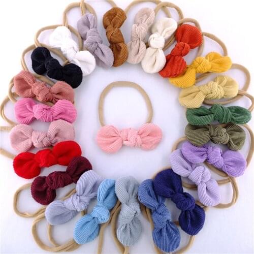 48pc/lot New Fashion 3.2" Corduroy Bow with Thin Nylon Headband,Baby Girls Hair Bow Elastic Newborn Solid Cotton Bow Headband