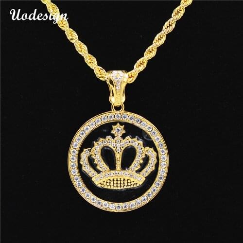 Uodesign Hip-hop Necklace Gold Color Alloy Men Round Pendant Inlay Rhinestone Necklace HipHop Round Crown Franco Chain