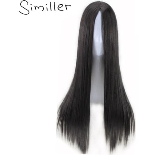 Similler Women Synthetic Wigs Long Straight Fake Hair Afro Center Parting Heat Resistant Cosplay Grey Brown Blue Natural Black