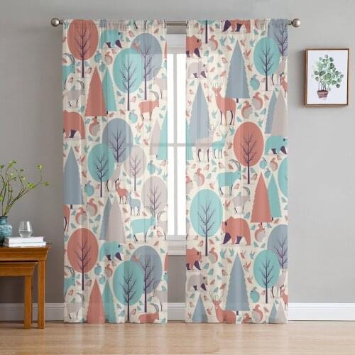 Christmas Themed Forest Animals Tulle Curtains for Living Room Decoration Modern Chiffon Sheer Voile christmas curtains