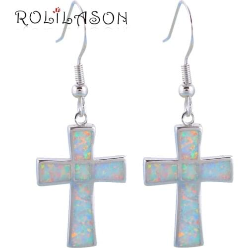 ROLILASON Wonderful Cross White Fire Opal Silver 925 Drop Earrings for Frinend Birtheday Gift Fashion Jewelry OE661