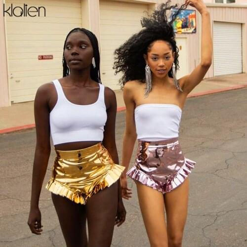 KLALIEN Pu Leather Shorts Womens Ruffles Zipper High Waist Summer Fashion Sexy Bar Nightclub Gold Biker Shorts Hot Streetwear