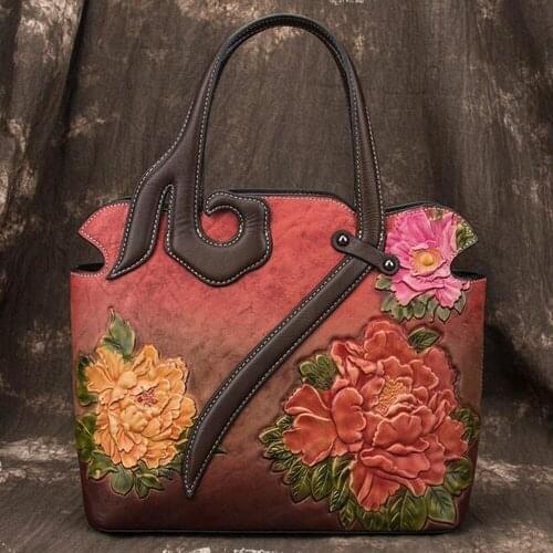 Women Top Handle Handmade Embossing Luxury Handbags Women Bags Designer Genuine Leather Leisure Retro Shoulder & Crossbody Bags