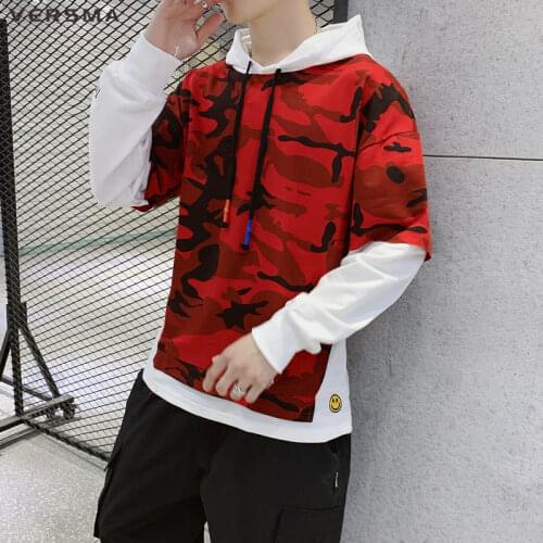 VERSMA Japanese Harajuku Camouflage Fake Two Piece Hoodies Men Hip Hop Streetwear Oversized Hooded Sweatshirts Men Dropshipping