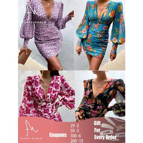 Women Chic Fashion Print Dresses Sexy V Neck Floral Print Beach Dress Long Lantern Sleeve Female Party Dresses Oversize S-2XL