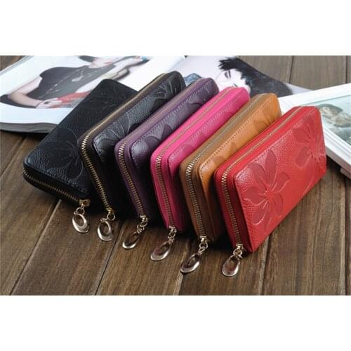 Female Purse Genuine Leather Women Wallet Fashion Flower Pattern Lady Long Zipper Handbag