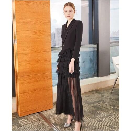 Dropshipping Women Fashion V Neck A Button Patchwork Mesh Party Long Dress 2019 Newest Design Womens Runway big Size Dresses XL
