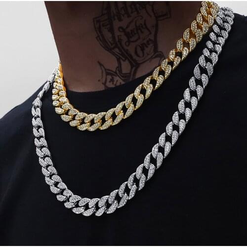 15mm Hip Hop Iced Out Paved Bling Rhinestones Necklaces Gold Silver Color Cuban Clasp Chain Necklace for Men Rapper Jewelry Gfit