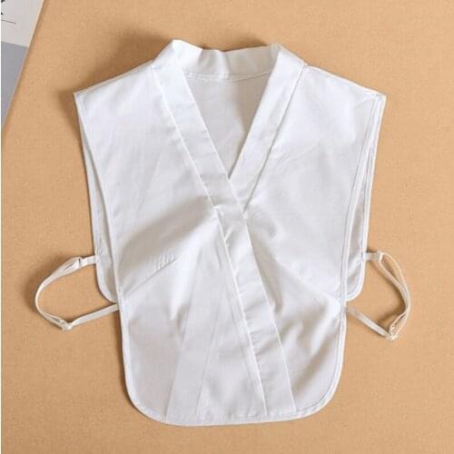 40GC Womens Vintage White Half Shirt Fake Collar Faux Cross Wrap V-Neck Detachable Dickey High Low Adjustable Crop Top Blouse